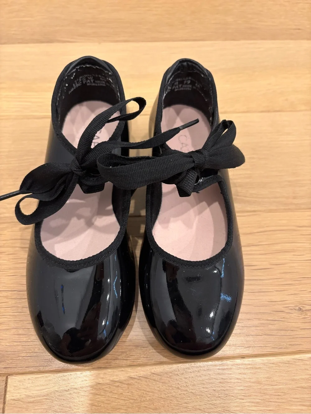 Capezio Black Patent Tap Shoes with Elastic and Ribbon Tie